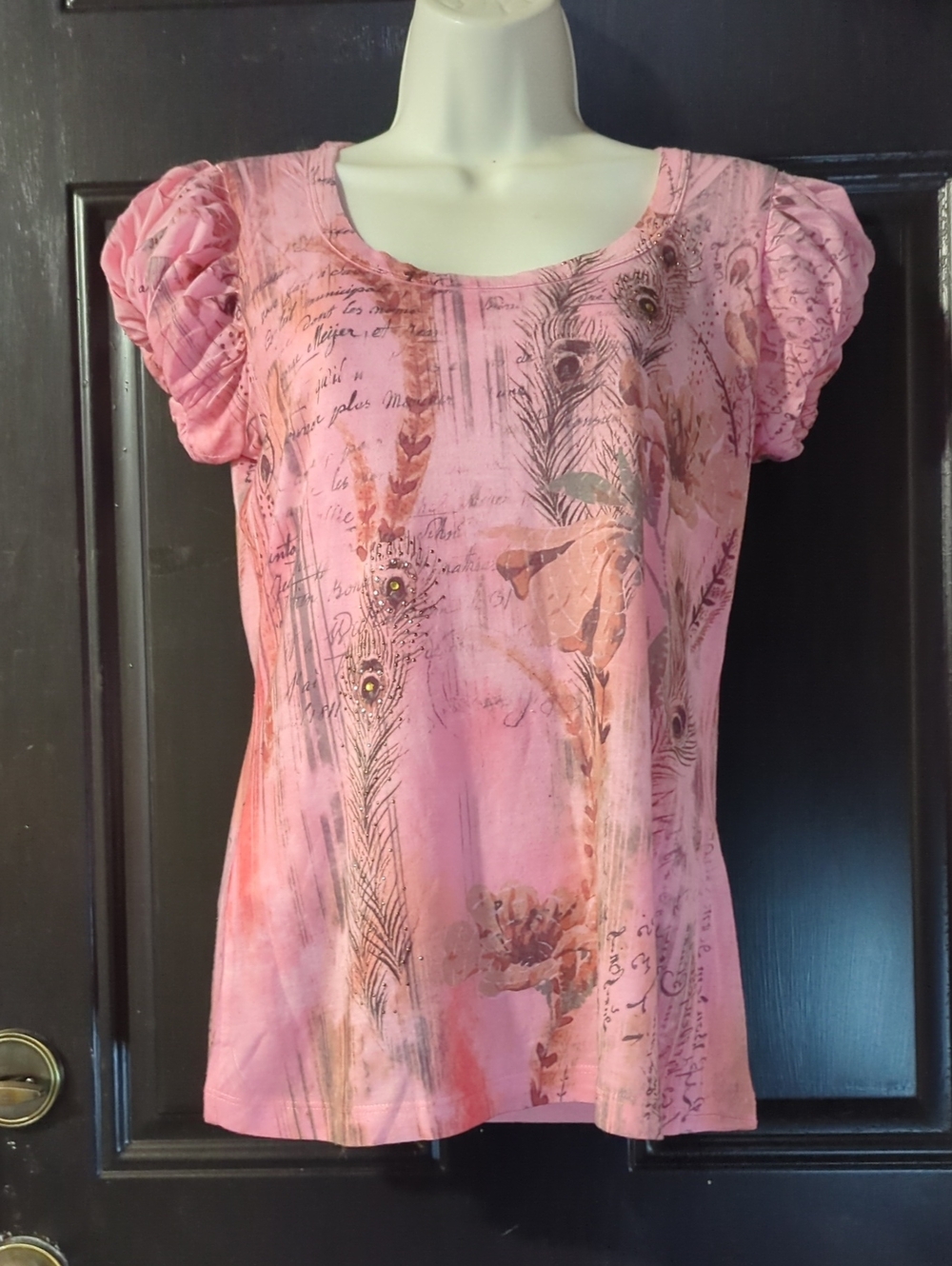 B.L.E.U. Women's Pink Printed Puff-Sleeve Blouse Embellished Front Size Small